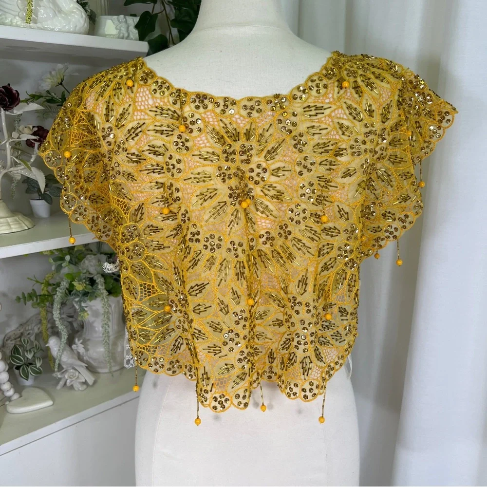Vintage Funky Yellow Beaded Tie On Top Blouse - Picture 6 of 11